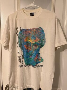 Obey White Short Sleeve Tee with Multicolor Statue Graphic